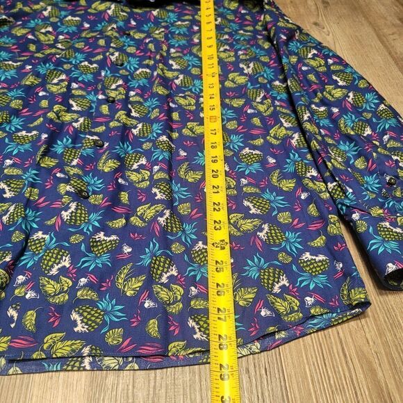 Alan Flusser Long Sleeve Button Shirt Men's Medium M Blue Pineapple Hawaiian - Picture 5 of 6